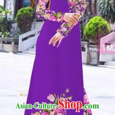 Asian Vietnam Palace Costume Vietnamese Trational Dress Printing Purple Ao Dai Cheongsam Clothing for Women