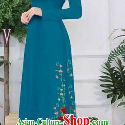 Asian Vietnam Palace Costume Vietnamese Trational Dress Printing Peacock Green Ao Dai Cheongsam Clothing for Women