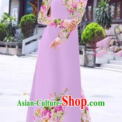 Asian Vietnam Palace Costume Vietnamese Trational Dress Printing Lilac Ao Dai Cheongsam Clothing for Women