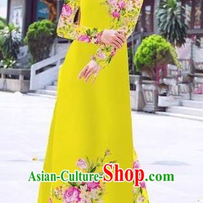 Asian Vietnam Palace Costume Vietnamese Trational Dress Printing Yellow Ao Dai Cheongsam Clothing for Women
