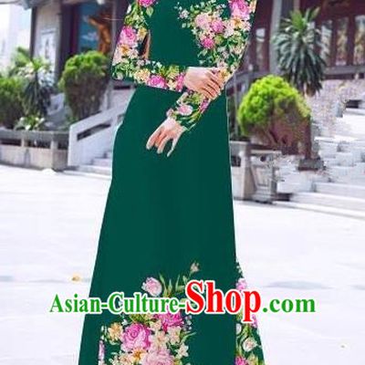 Asian Vietnam Palace Costume Vietnamese Trational Dress Printing Green Ao Dai Cheongsam Clothing for Women