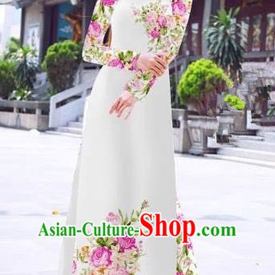 Asian Vietnam Palace Costume Vietnamese Trational Dress Printing White Ao Dai Cheongsam Clothing for Women