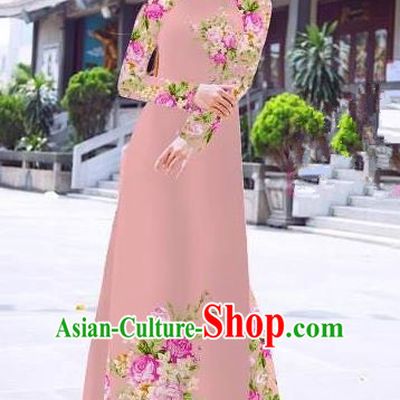 Asian Vietnam Palace Costume Vietnamese Trational Dress Printing Pink Ao Dai Cheongsam Clothing for Women
