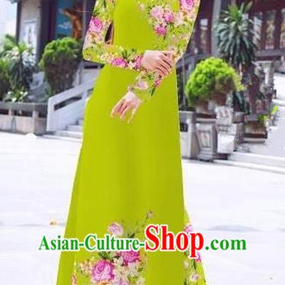 Asian Vietnam Palace Costume Vietnamese Trational Dress Printing Rose Light Green Ao Dai Cheongsam Clothing for Women