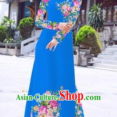 Asian Vietnam Palace Costume Vietnamese Trational Dress Printing Rose Blue Ao Dai Cheongsam Clothing for Women