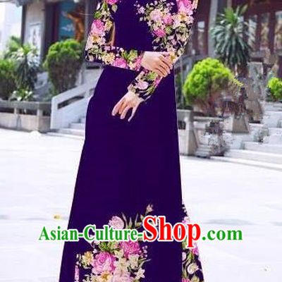 Asian Vietnam Palace Costume Vietnamese Trational Dress Printing Rose Deep Purple Ao Dai Cheongsam Clothing for Women
