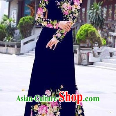 Asian Vietnam Palace Costume Vietnamese Trational Dress Printing Rose Royalblue Ao Dai Cheongsam Clothing for Women