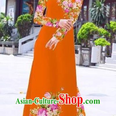 Asian Vietnam Palace Costume Vietnamese Trational Dress Printing Rose Orange Ao Dai Cheongsam Clothing for Women