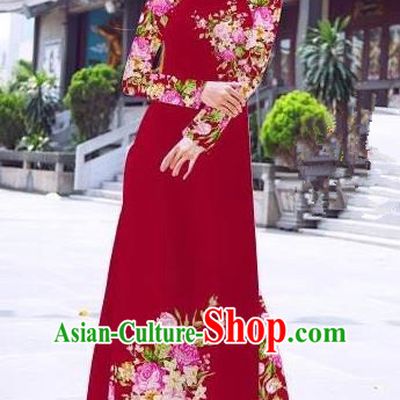 Asian Vietnam Palace Costume Vietnamese Trational Dress Printing Rose Red Ao Dai Cheongsam Clothing for Women