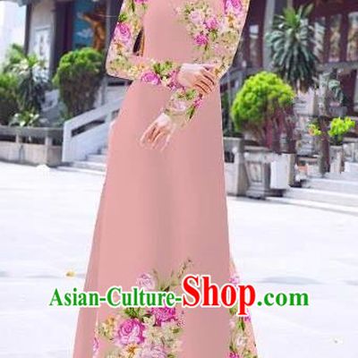 Asian Vietnam Palace Costume Vietnamese Trational Dress Printing Rose Light Pink Ao Dai Cheongsam Clothing for Women