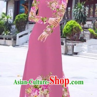 Asian Vietnam Palace Costume Vietnamese Trational Dress Printing Rose Peachy Beige Ao Dai Cheongsam Clothing for Women