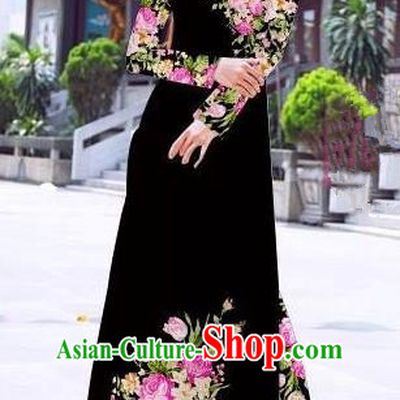 Asian Vietnam Palace Costume Vietnamese Trational Dress Printing Rose Black Ao Dai Cheongsam Clothing for Women