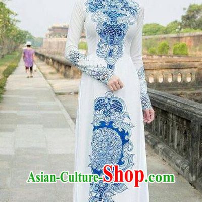 Asian Vietnam National Palace Costume Vietnamese Trational Dress Printing Ao Dai Cheongsam Clothing for Women