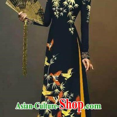 Asian Vietnam National Costume Vietnamese Trational Dress Printing Bamboo Black Ao Dai Cheongsam for Women