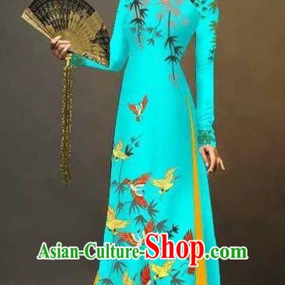 Asian Vietnam National Costume Vietnamese Trational Dress Printing Bamboo Blue Ao Dai Cheongsam for Women