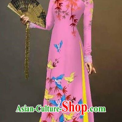 Asian Vietnam National Costume Vietnamese Trational Dress Printing Bamboo Pink Ao Dai Cheongsam for Women