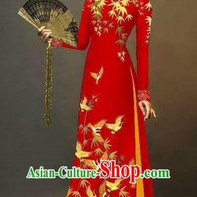 Asian Vietnam National Costume Vietnamese Trational Dress Printing Bamboo Red Ao Dai Cheongsam for Women