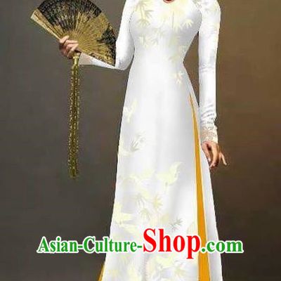 Asian Vietnam National Costume Vietnamese Trational Dress Printing Bamboo White Ao Dai Cheongsam for Women