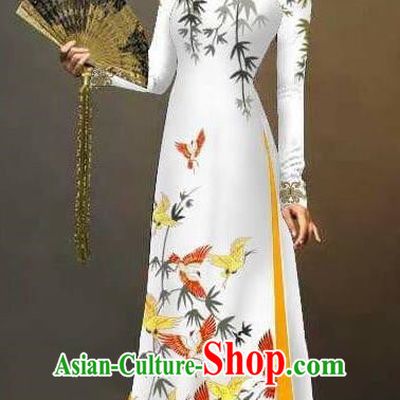 Asian Vietnam National Costume Vietnamese Trational Dress Printing Bamboo Birds White Ao Dai Cheongsam for Women