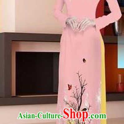 Asian Vietnam National Costume Vietnamese Trational Dress Printing Light Pink Ao Dai Cheongsam for Women