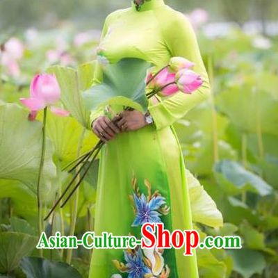 Asian Vietnam National Costume Vietnamese Bride Trational Dress Printing Green Ao Dai Cheongsam for Women
