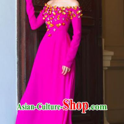 Asian Vietnam National Costume Vietnamese Bride Trational Dress Rosy Ao Dai Cheongsam for Women