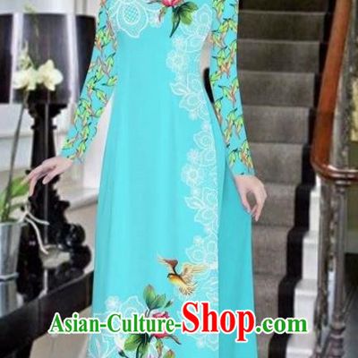 Asian Vietnam National Costume Vietnamese Bride Trational Dress Printing Peony Blue Ao Dai Cheongsam for Women