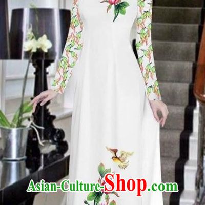 Asian Vietnam National Costume Vietnamese Bride Trational Dress Printing Peony White Ao Dai Cheongsam for Women