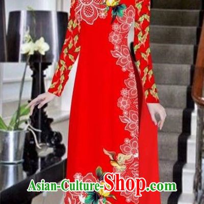 Asian Vietnam National Costume Vietnamese Bride Trational Dress Printing Peony Red Ao Dai Cheongsam for Women