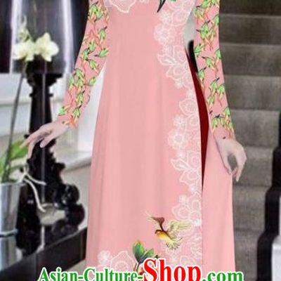 Asian Vietnam National Costume Vietnamese Bride Trational Dress Printing Peony Pink Ao Dai Cheongsam for Women