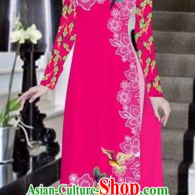 Asian Vietnam National Costume Vietnamese Bride Trational Dress Printing Peony Rosy Ao Dai Cheongsam for Women