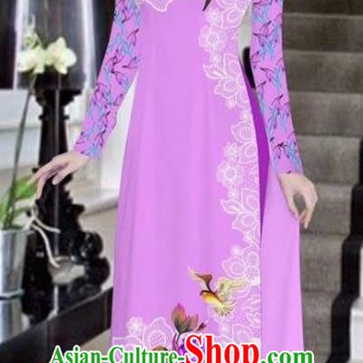 Asian Vietnam National Costume Vietnamese Bride Trational Dress Printing Peony Lilac Ao Dai Cheongsam for Women