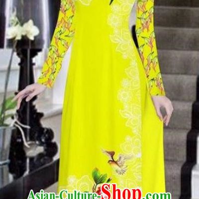 Asian Vietnam National Costume Vietnamese Bride Trational Dress Printing Peony Yellow Ao Dai Cheongsam for Women