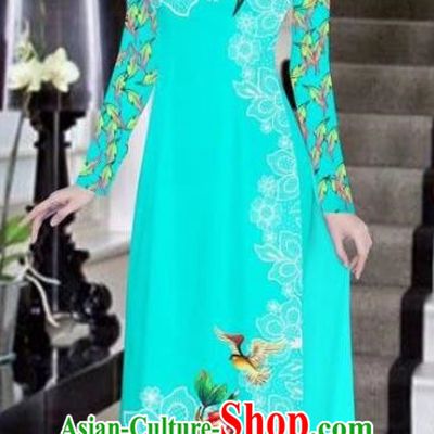 Asian Vietnam National Costume Vietnamese Bride Trational Dress Printing Peony Lake Blue Ao Dai Cheongsam for Women