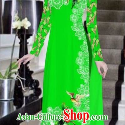 Asian Vietnam National Costume Vietnamese Bride Trational Dress Printing Peony Green Ao Dai Cheongsam for Women