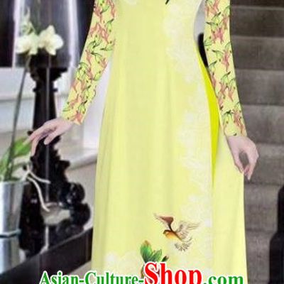 Asian Vietnam National Costume Vietnamese Bride Trational Dress Printing Peony Light Yellow Ao Dai Cheongsam for Women