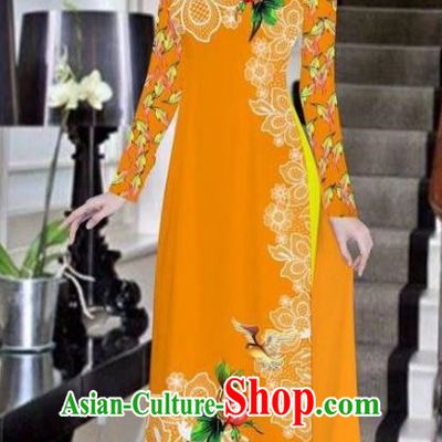 Asian Vietnam National Costume Vietnamese Bride Trational Dress Printing Peony Orange Ao Dai Cheongsam for Women