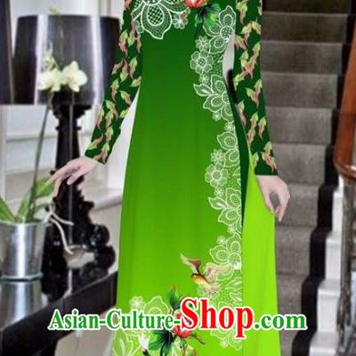 Asian Vietnam National Costume Vietnamese Bride Trational Dress Printing Peony Deep Green Ao Dai Cheongsam for Women