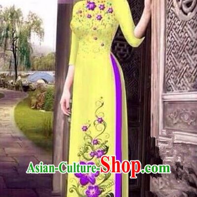 Asian Vietnam National Costume Vietnamese Bride Trational Dress Printing Petunia Yellow Ao Dai Cheongsam for Women