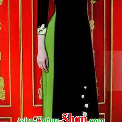 Asian Vietnam National Costume Vietnamese Bride Trational Dress Printing Flowers Black Ao Dai Cheongsam for Women