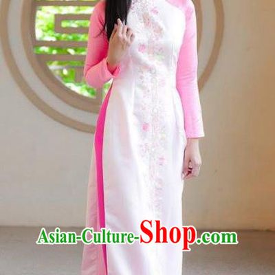 Asian Vietnam Costume Vietnamese Bride Trational White Ao Dai Cheongsam Dress for Women