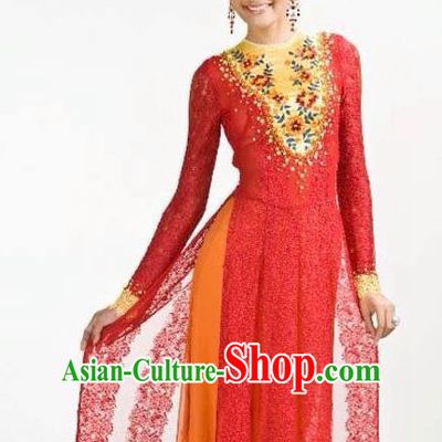 Asian Vietnam Costume Vietnamese Bride Trational Red Ao Dai Cheongsam Dress and Hats for Women