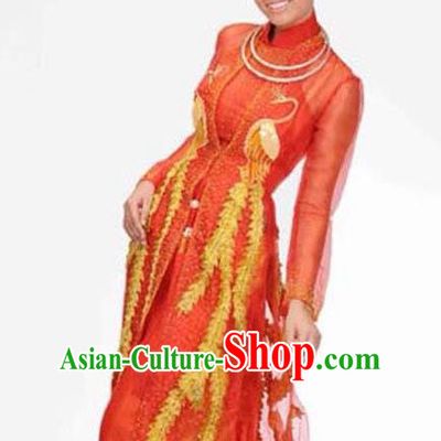 Asian Vietnam Costume Vietnamese Bride Trational Red Embroidered Ao Dai Cheongsam Dress and Hats for Women