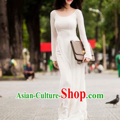 Asian Vietnam Palace Costume Vietnamese Trational Dress White Ao Dai Cheongsam Clothing for Women