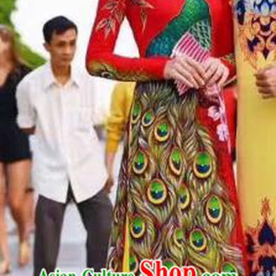 Asian Vietnam Palace Wedding Costume Vietnamese Trational Dress Printing Peacock Red Ao Dai Cheongsam Clothing for Women