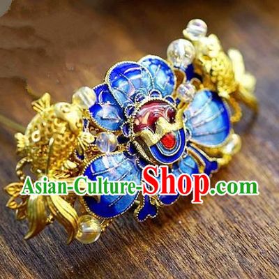 Chinese Handmade Classical Xiuhe Hair Accessories Step Shake Ancient Bride Blueing Lotus Hairpins for Women