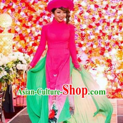 Asian Vietnam Costume Vietnamese Bride Trational Stage Performance Rosy Ao Dai Cheongsam Dress for Women