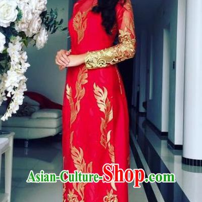 Asian Vietnam Costume Vietnamese Bride Trational Red Embroidered Ao Dai Cheongsam Dress and Hats for Women