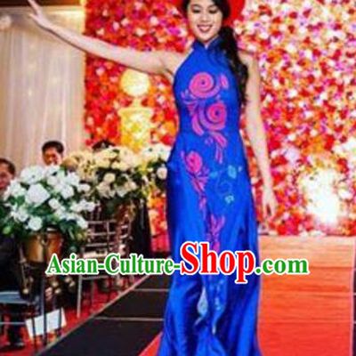 Asian Vietnam Costume Vietnamese Bride Trational Stage Performance Royalblue Ao Dai Cheongsam Dress for Women