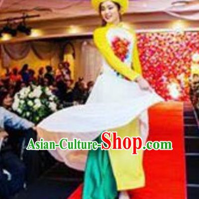 Asian Vietnam Costume Vietnamese Bride Trational Stage Performance Yellow Ao Dai Cheongsam Dress for Women